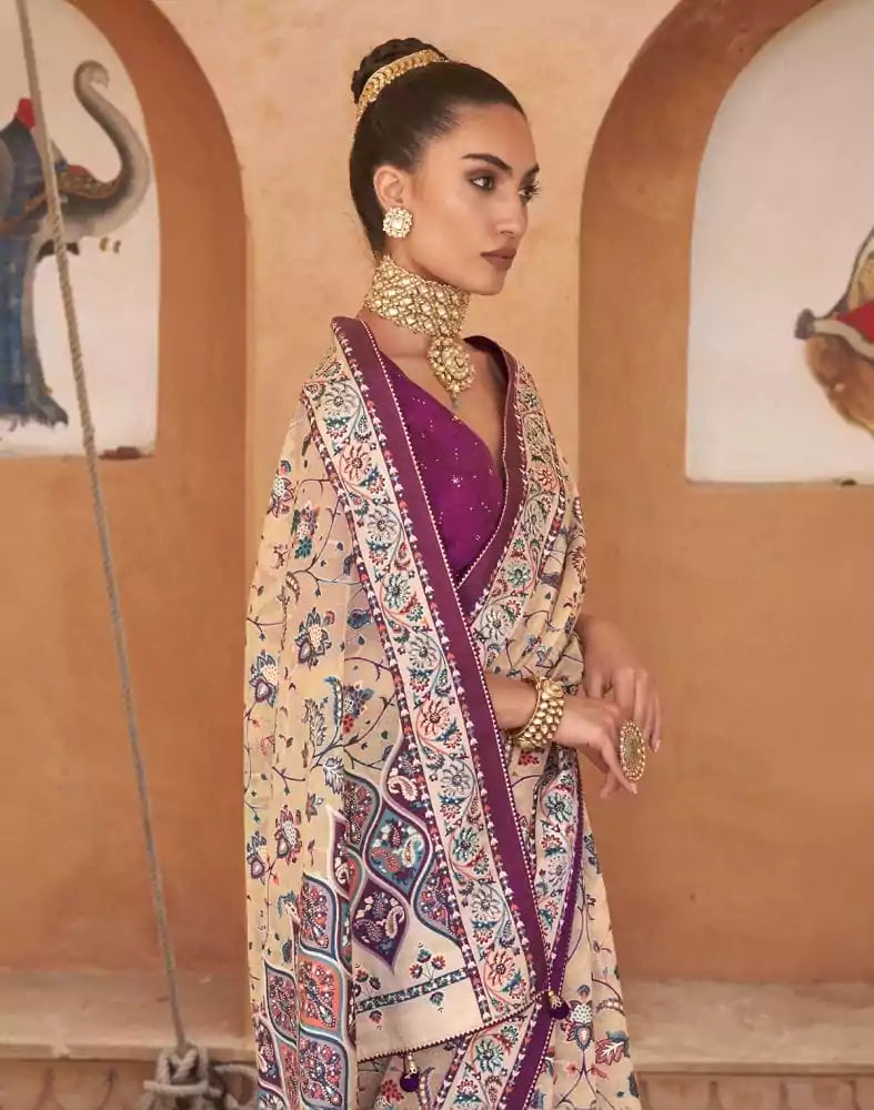 Beige and Violet Floral Hand Painted Brasso Saree