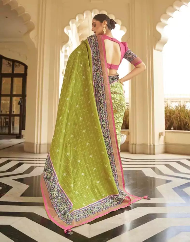 Light Green Checks Dola Silk Fabric Saree