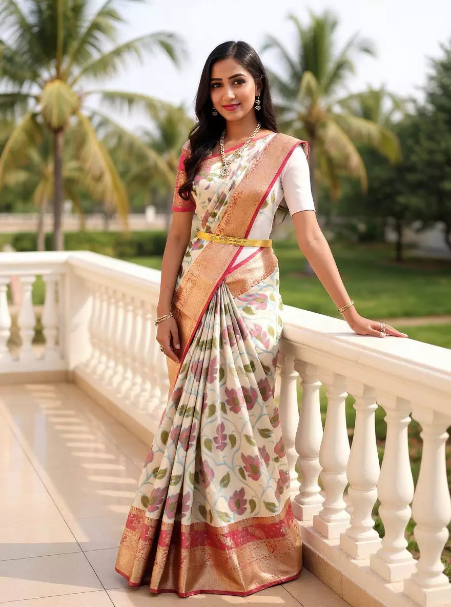 Decent Cream Ikat Tissue Saree with Kanchi Border
