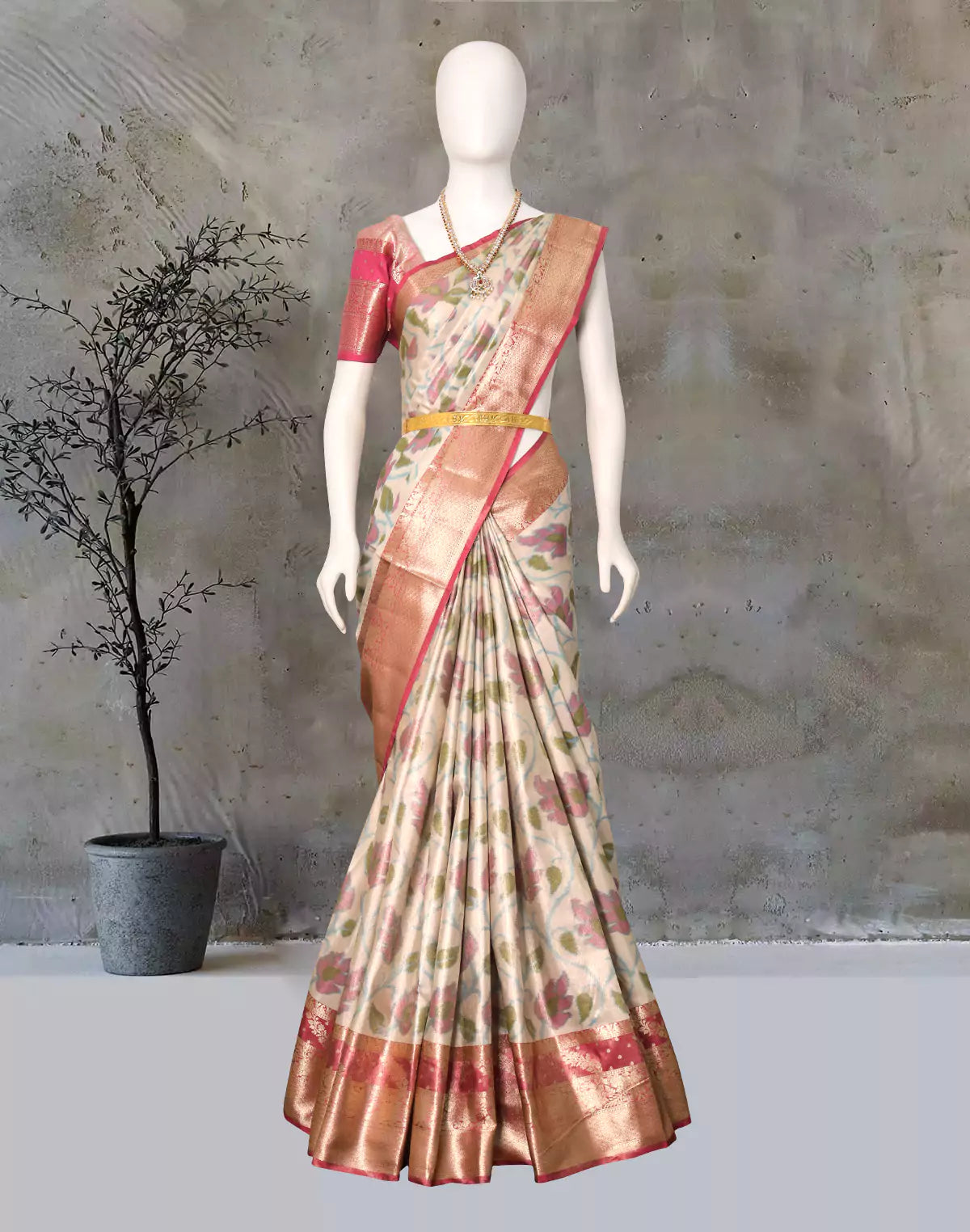 Decent Cream Ikat Tissue Saree with Kanchi Border