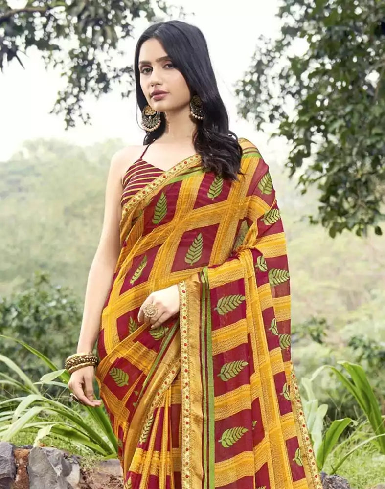 Maroon Botanical Print Brasso Saree