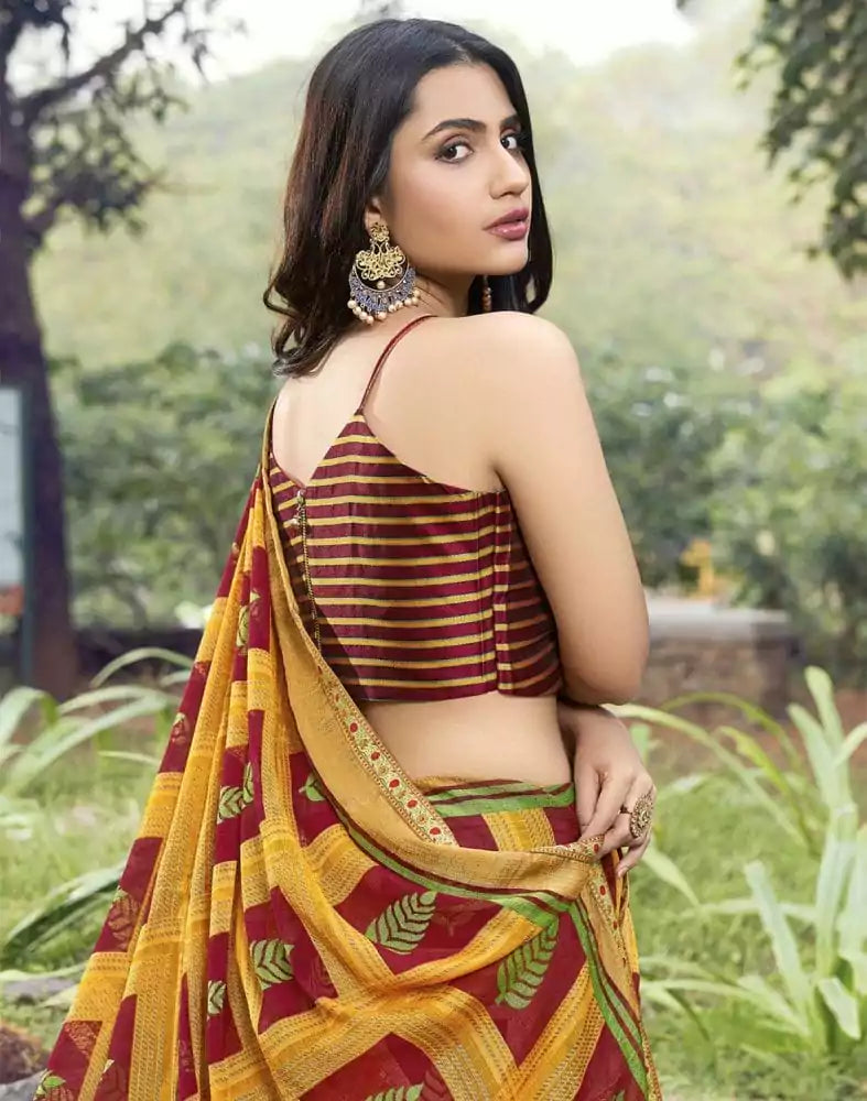 Maroon Botanical Print Brasso Saree