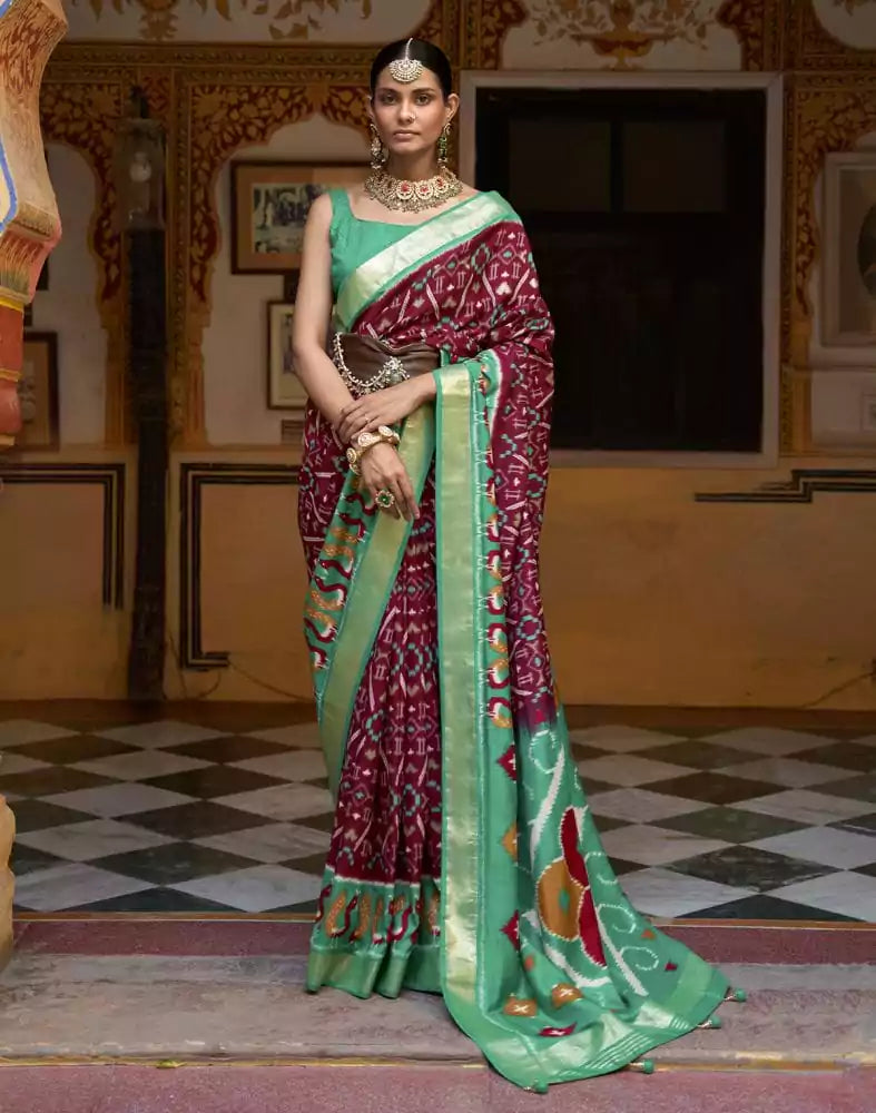 Beautiful Maroon Colour Ikat Print Dola Silk Saree