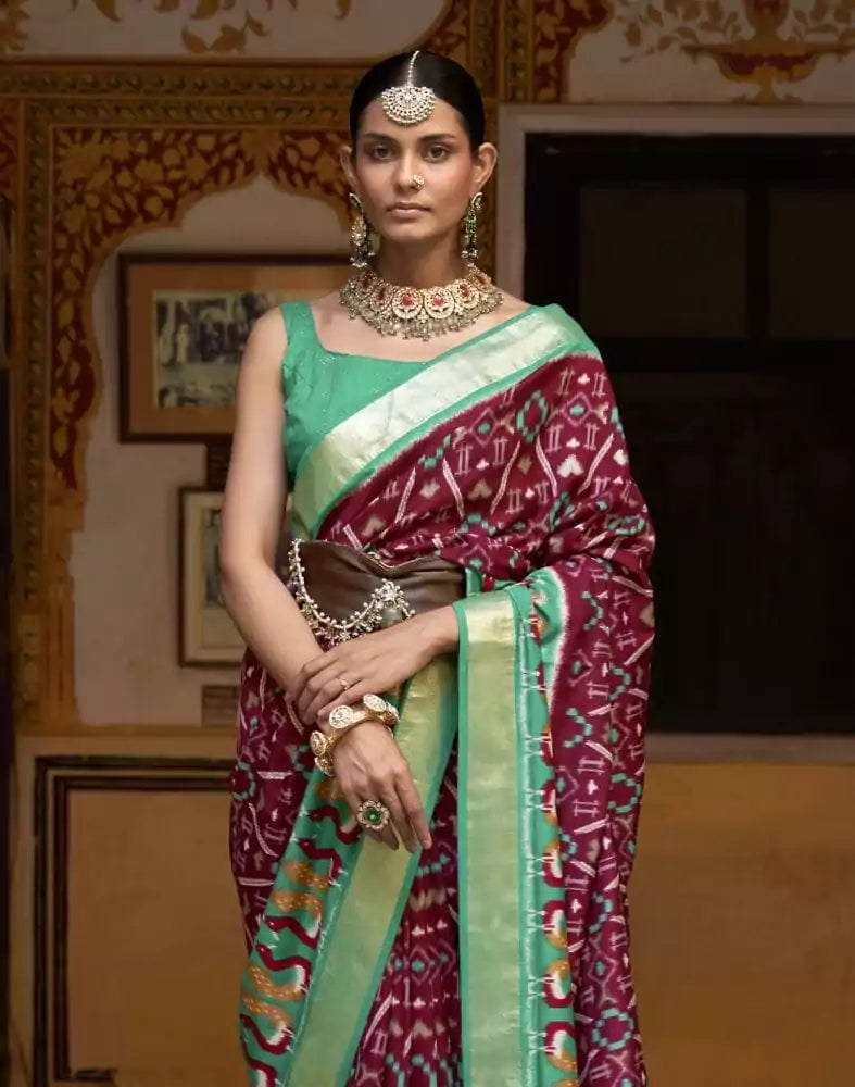 Beautiful Maroon Colour Ikat Print Dola Silk Saree