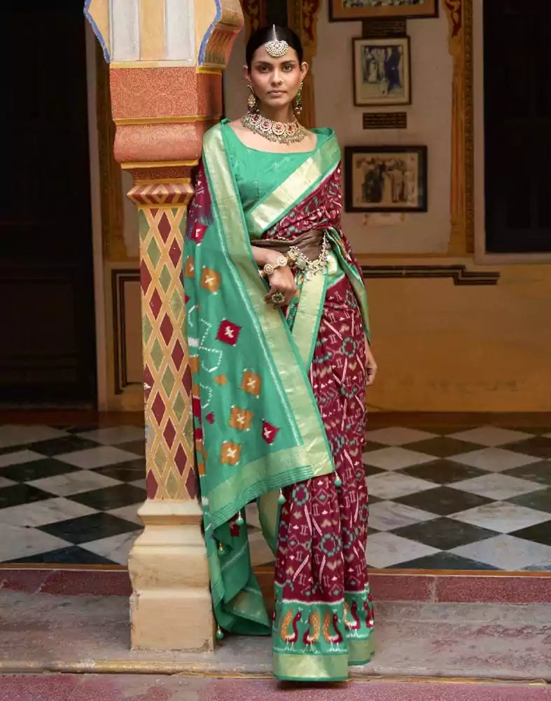 Beautiful Maroon Colour Ikat Print Dola Silk Saree