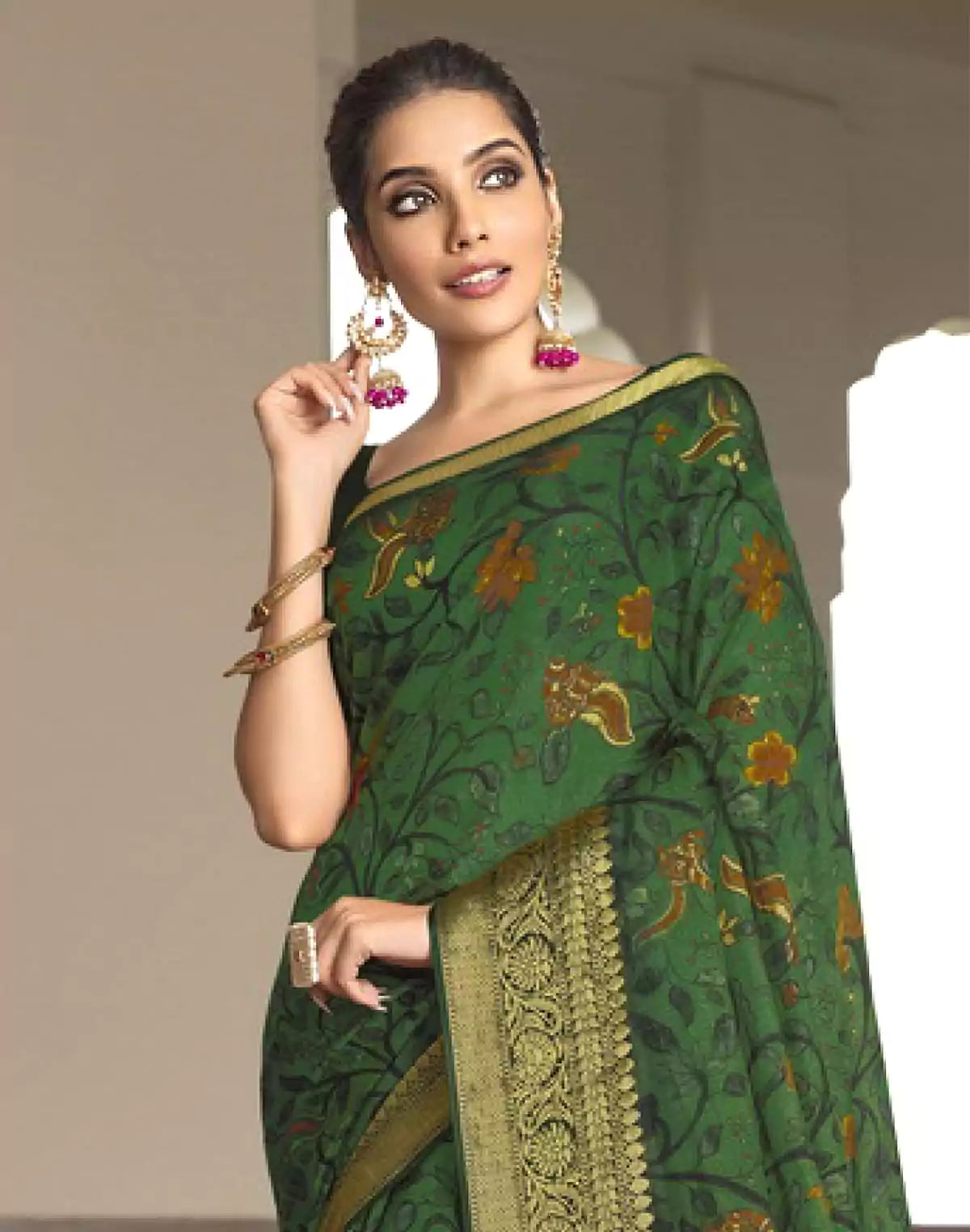 Dark Green Soft Dola Silk with Digital Print work Saree