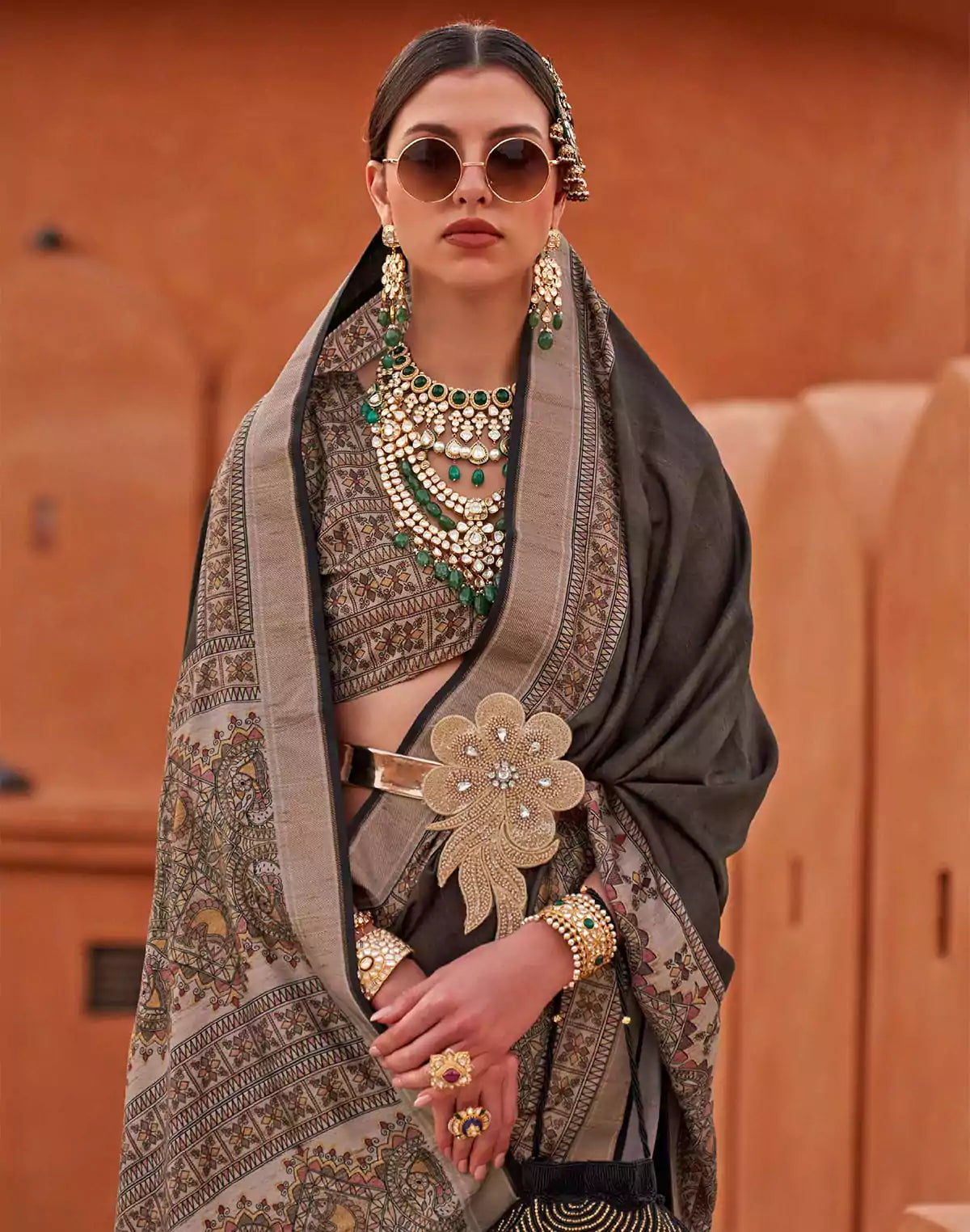 Grey Digital Print Jute Silk Kalamkari Border Saree