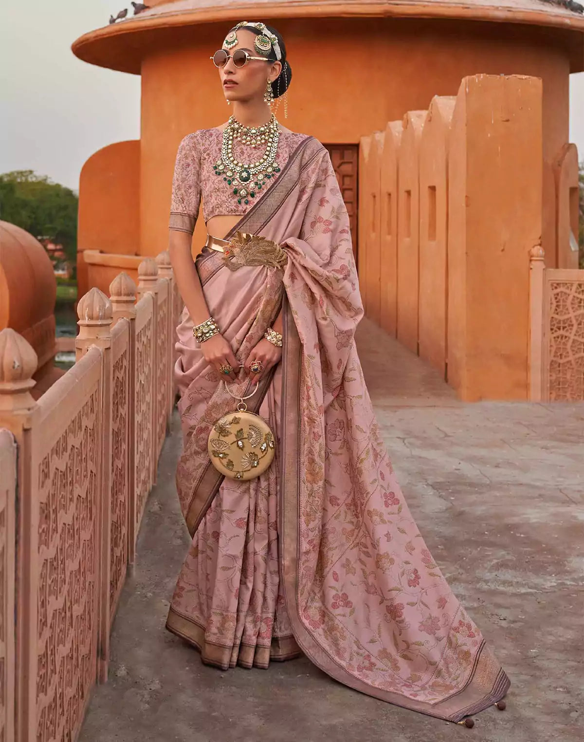 Light Peach Color Floral Printed Classic Jute Silk Saree