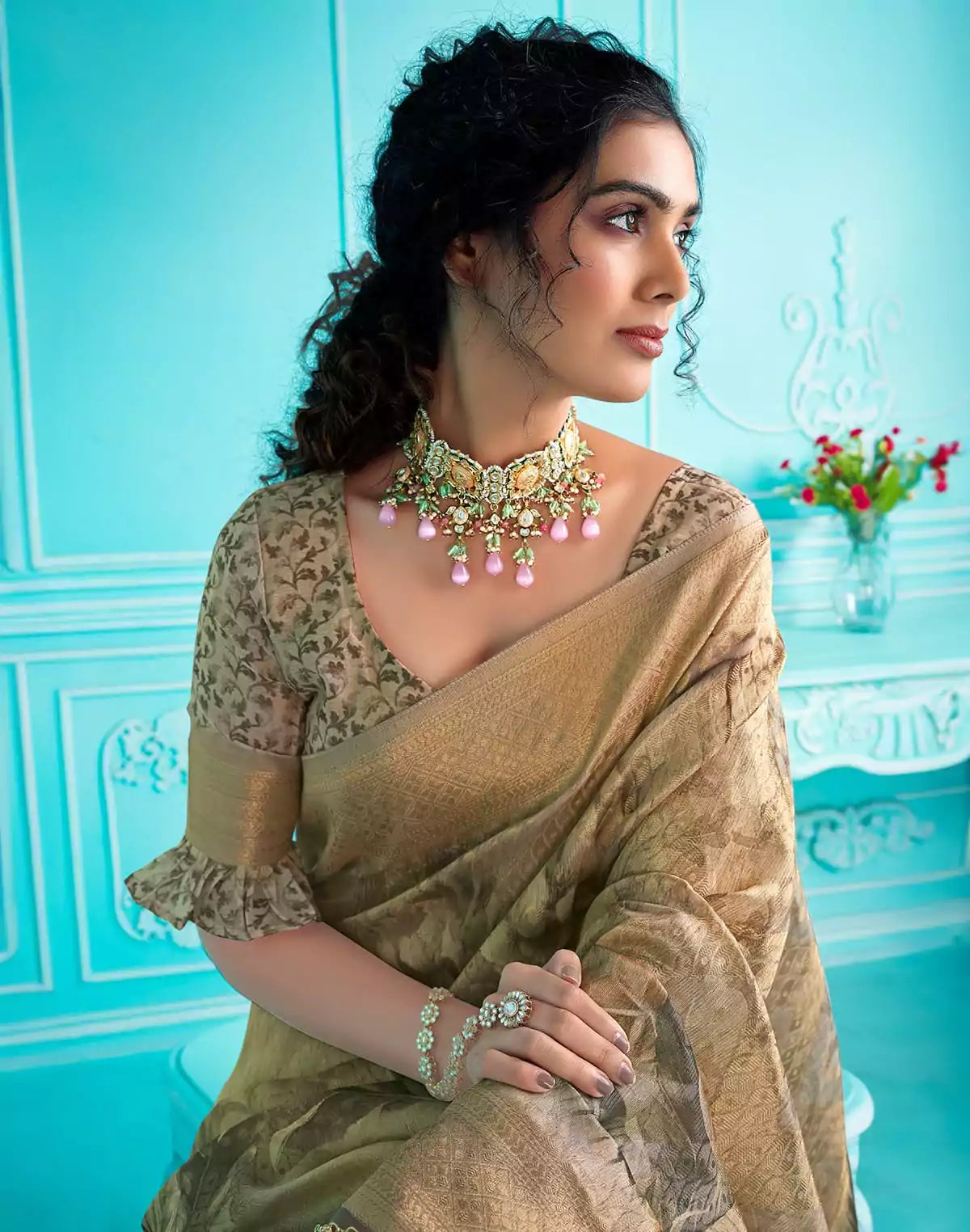 Digital Print with Zari weaving Organza Saree