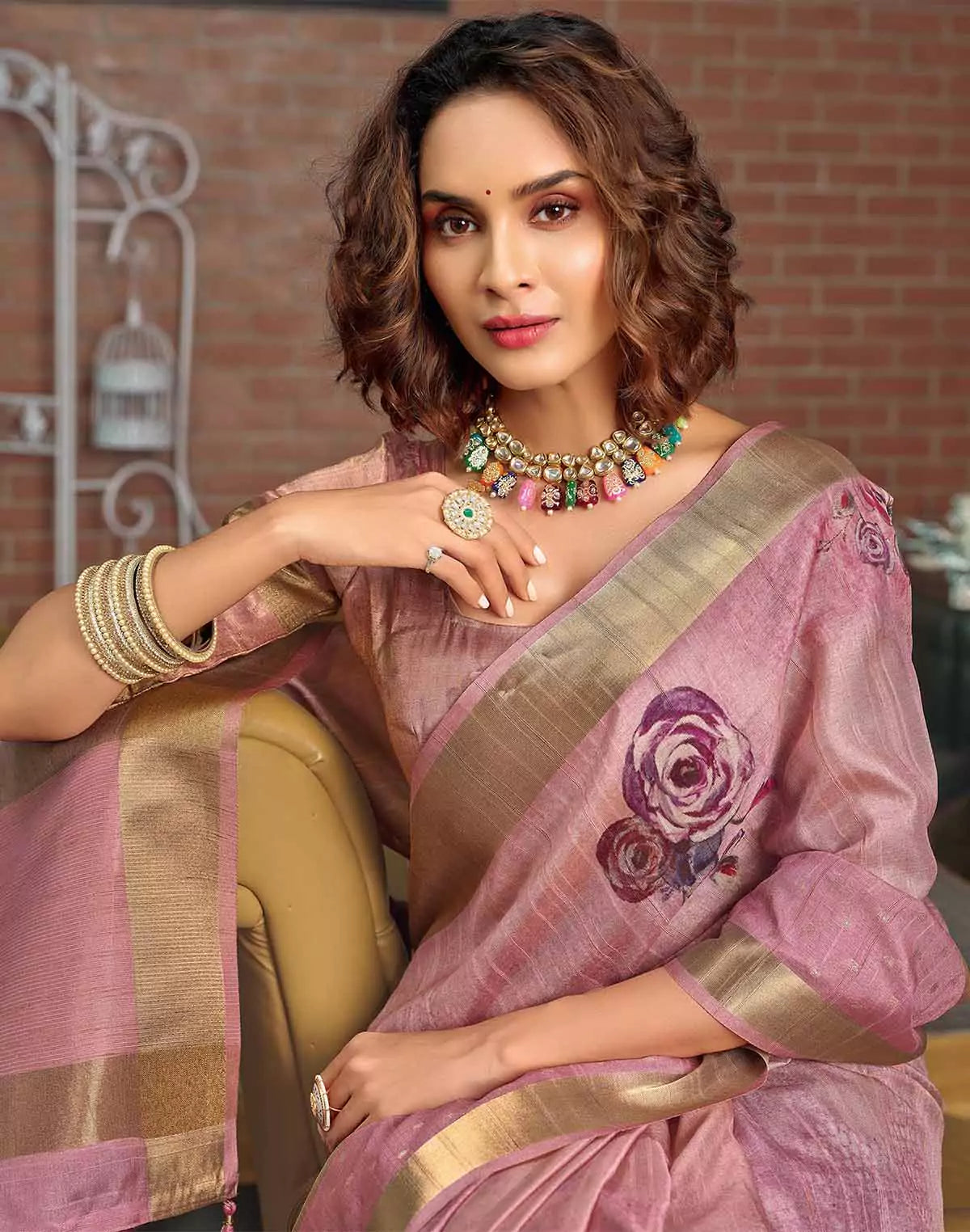 Light Pink Digital Print Jute Silk Fancy Saree