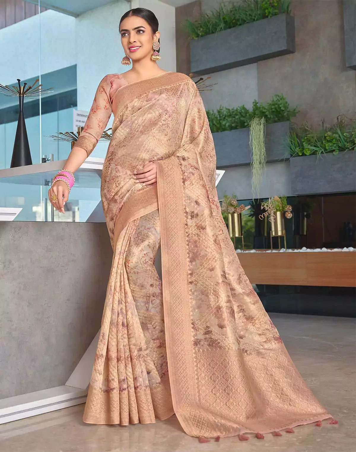 Beige Jute Zari weaving Saree