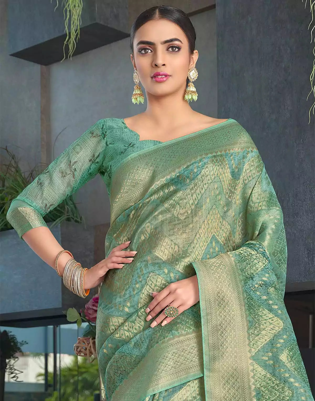 Emerald Light Green Colour with Zari weaving Jute Saree
