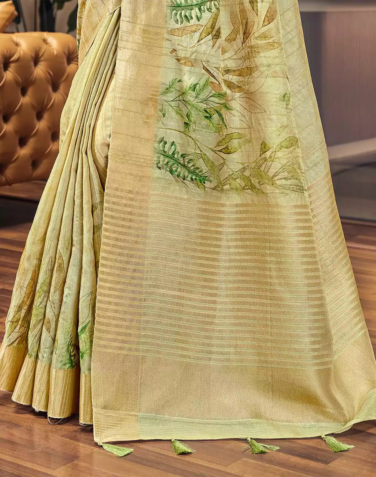 Light Pista golden border Bagalpuri Saree