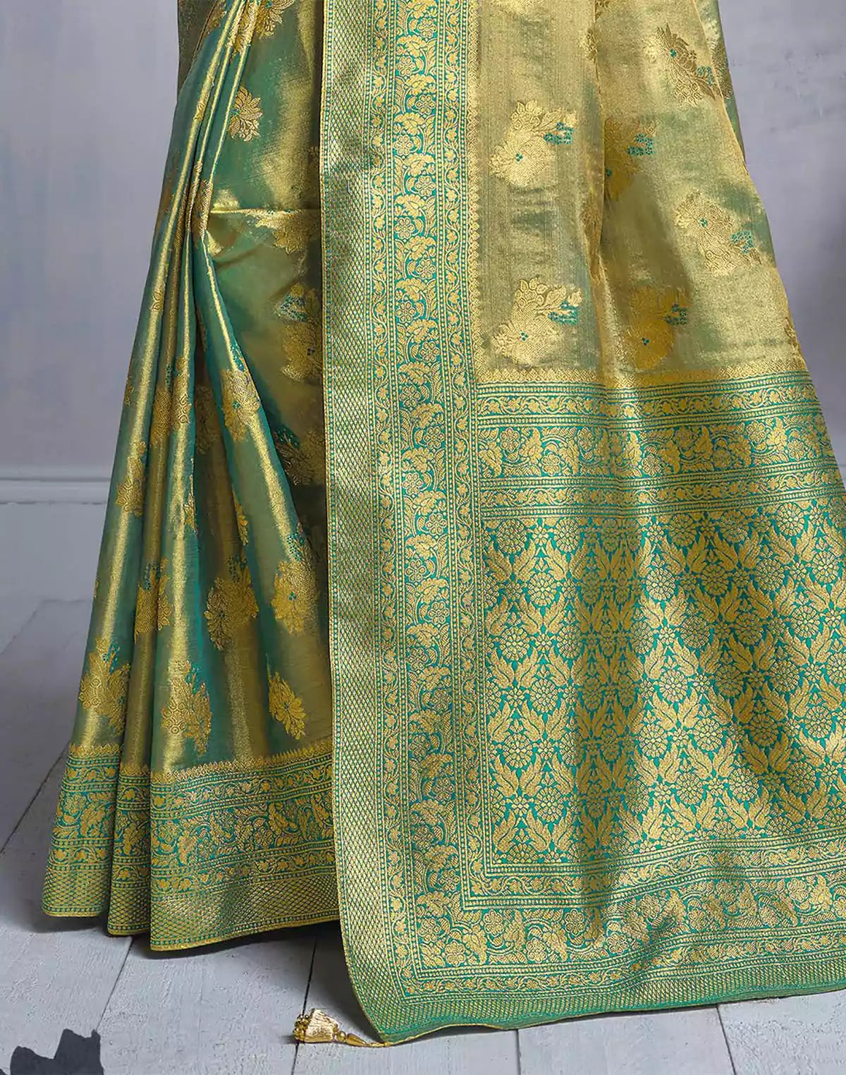 Greenish Floral Motis Banaras Tissue Saree