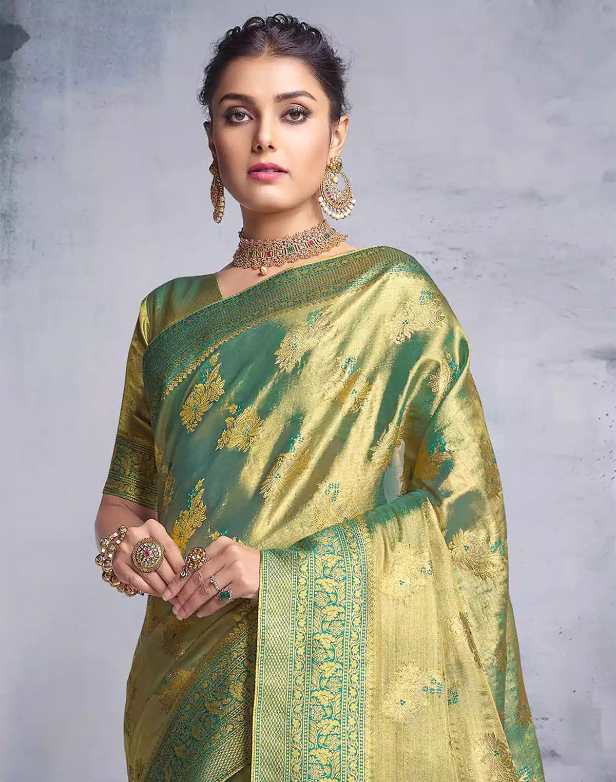 Greenish Floral Motis Banaras Tissue Saree