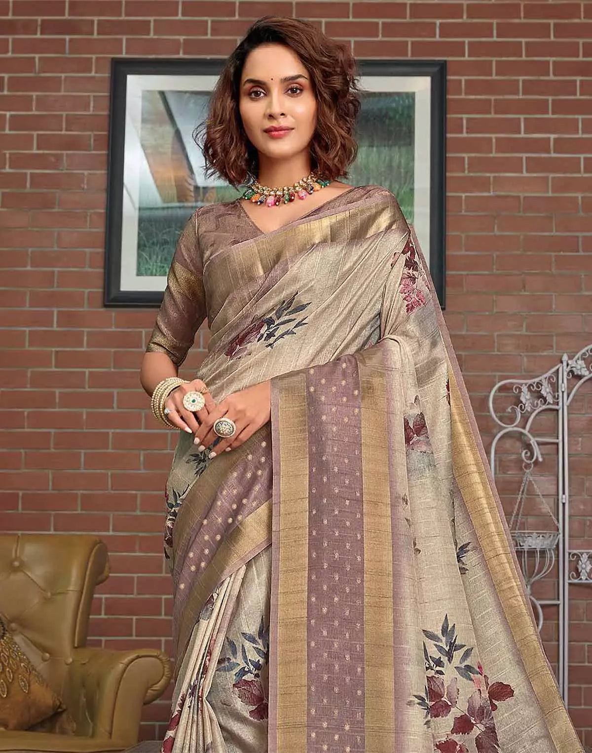 Light Grey Digital Print Jute Silk Saree