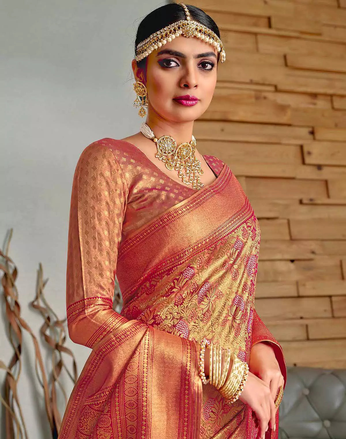 Pink Floral Meena work Padiya Banaras Tissue Saree