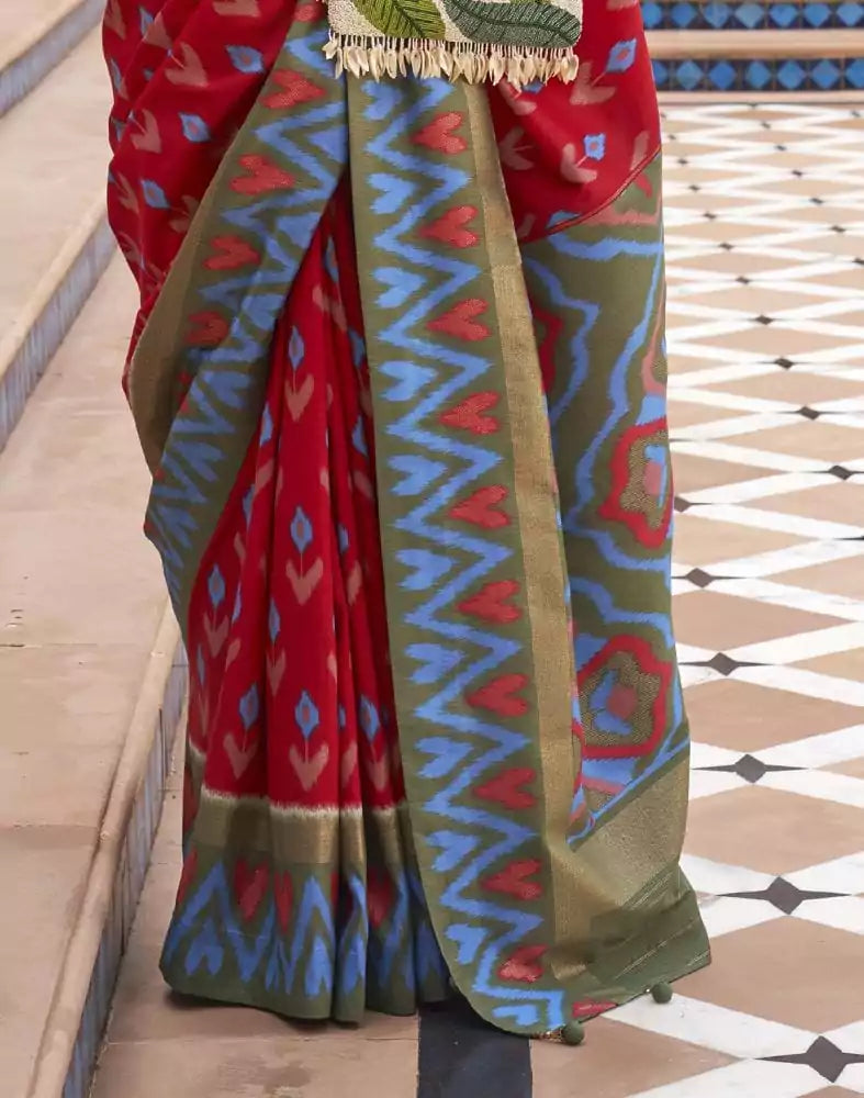 Red and Green Ikat Print Dola Silk Saree