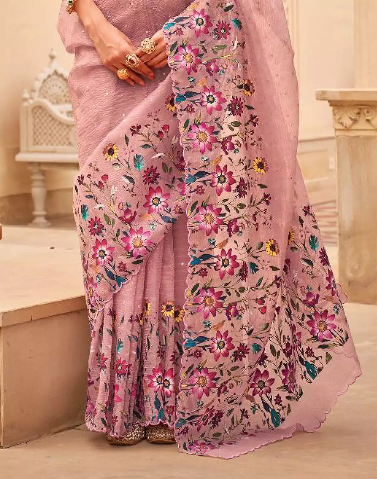 Light Pink Digital Floral Print With Embellished Work Organza Saree