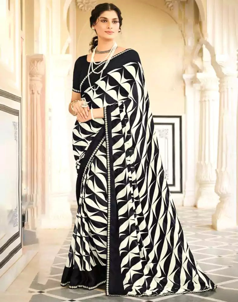 Black Graphic Print Chiffon Saree