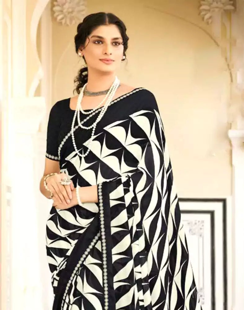 Black Graphic Print Chiffon Saree