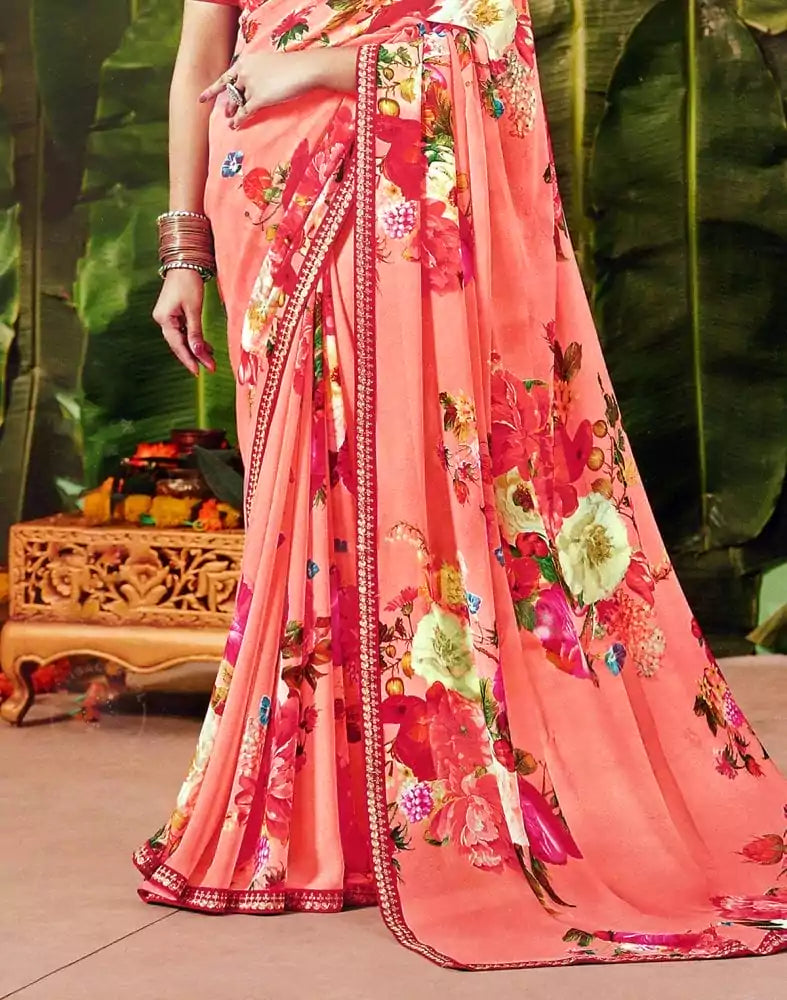 Peach Floral Pattern Print Chiffon Fabric Saree