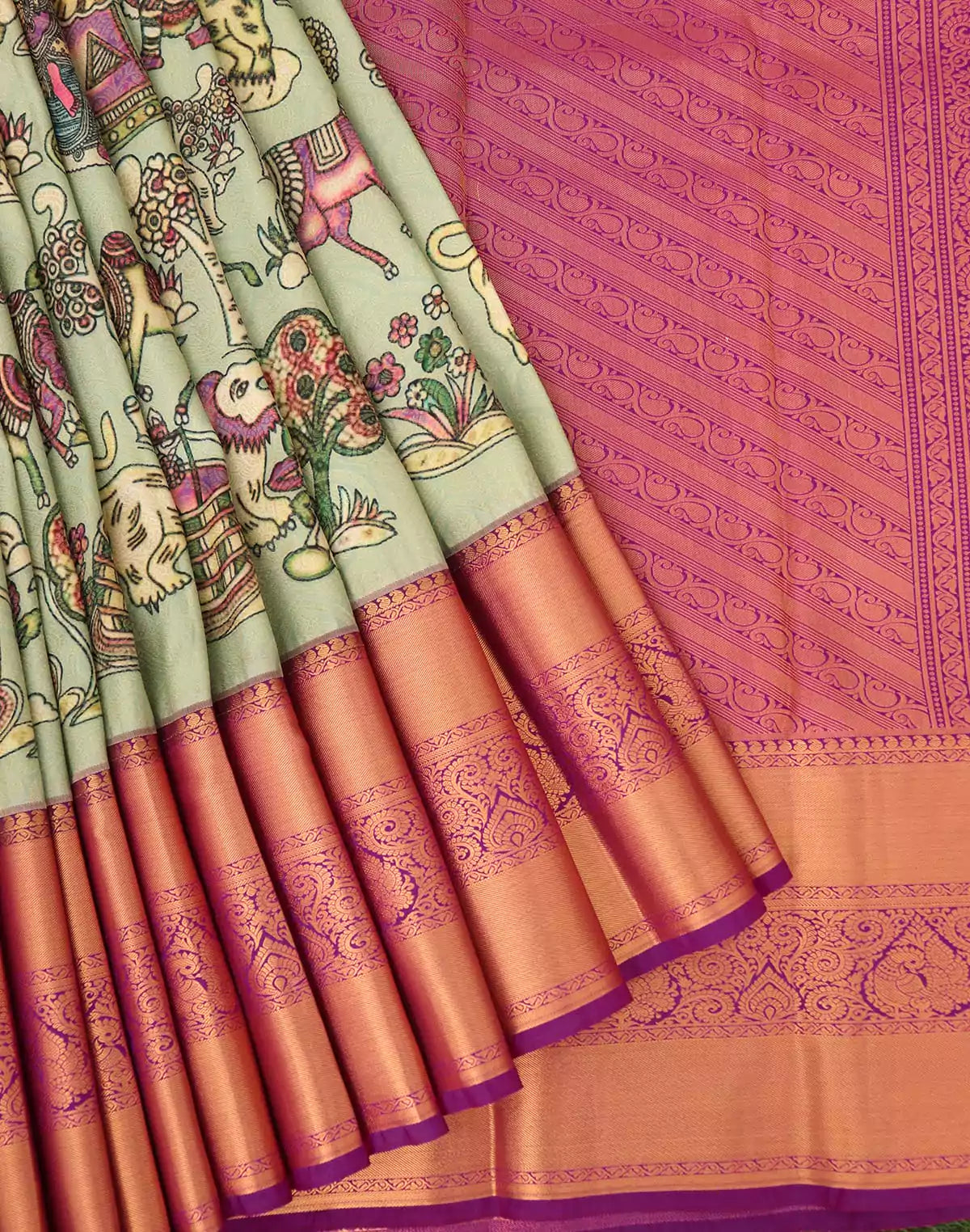 Pista Green Kanchi Kalamkari Print Silk Saree