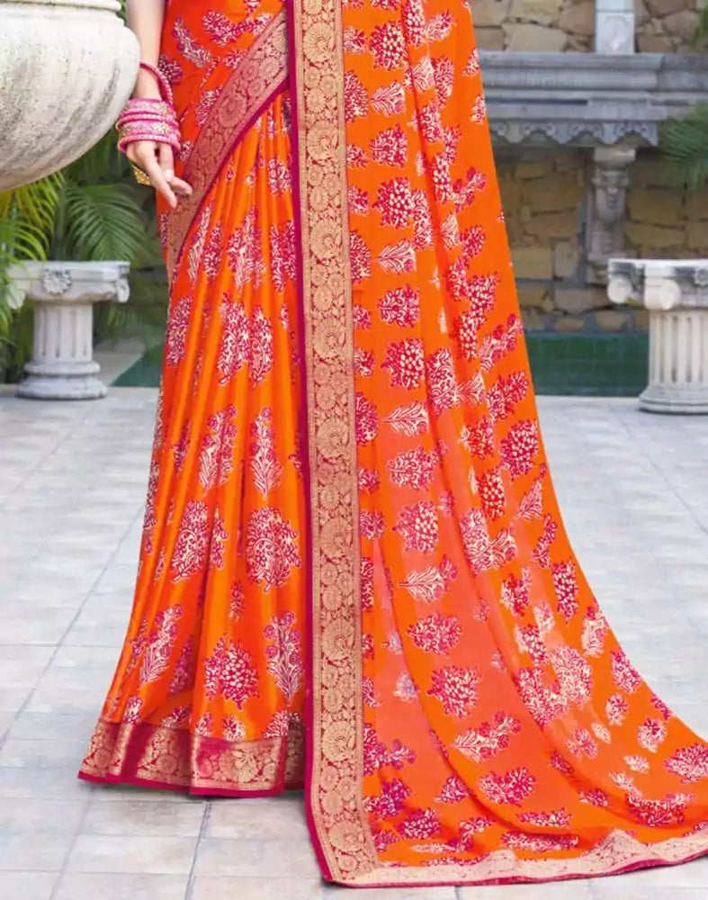 Orange Coloured Floral Pattern Print Chiffon Saree