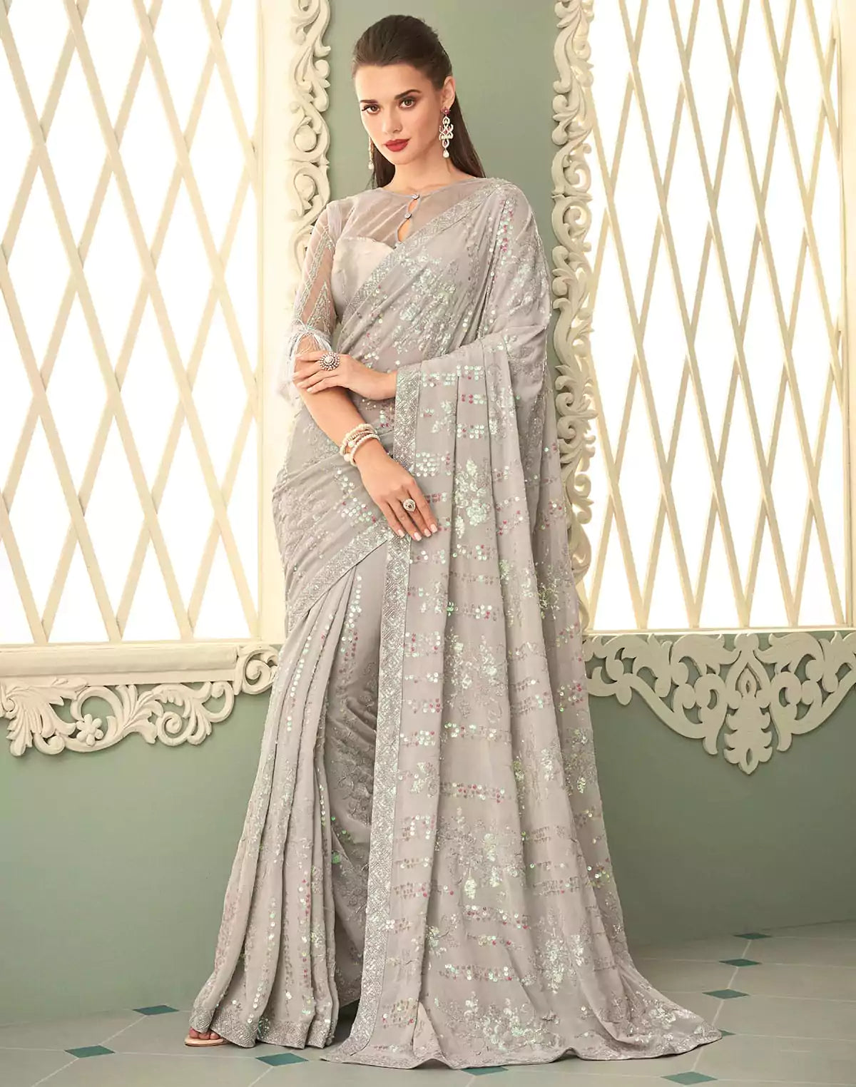 Light Grey Sequence work Georgette Saree