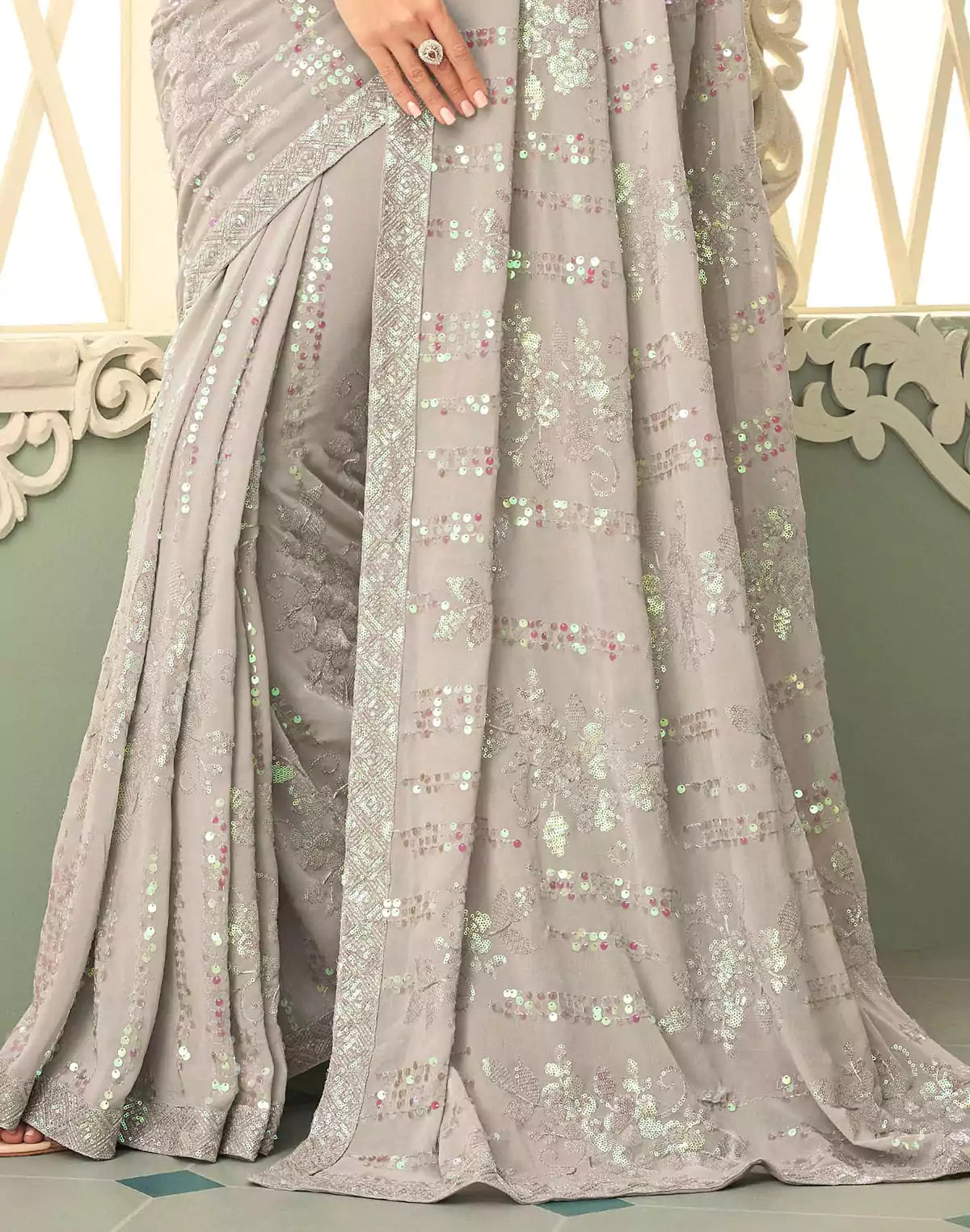 Light Grey Sequence work Georgette Saree