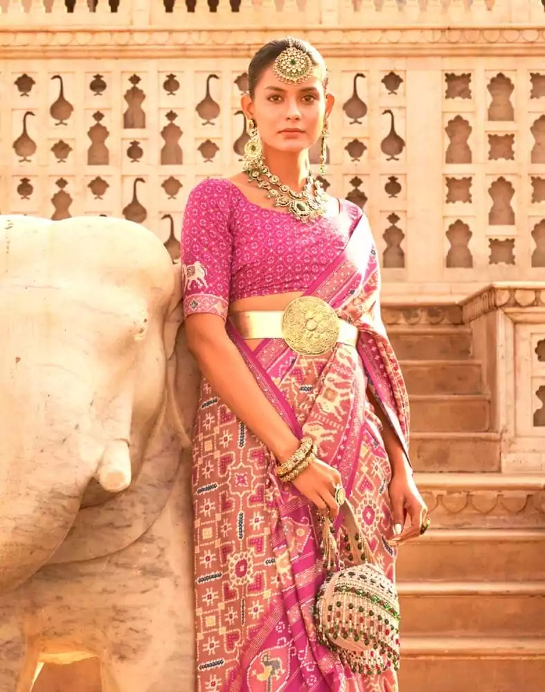 Pink Coloured Ikat Print Patola Saree