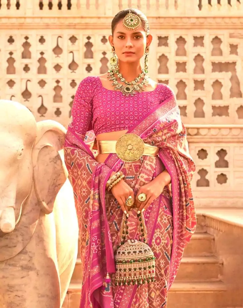 Pink Coloured Ikat Print Patola Saree