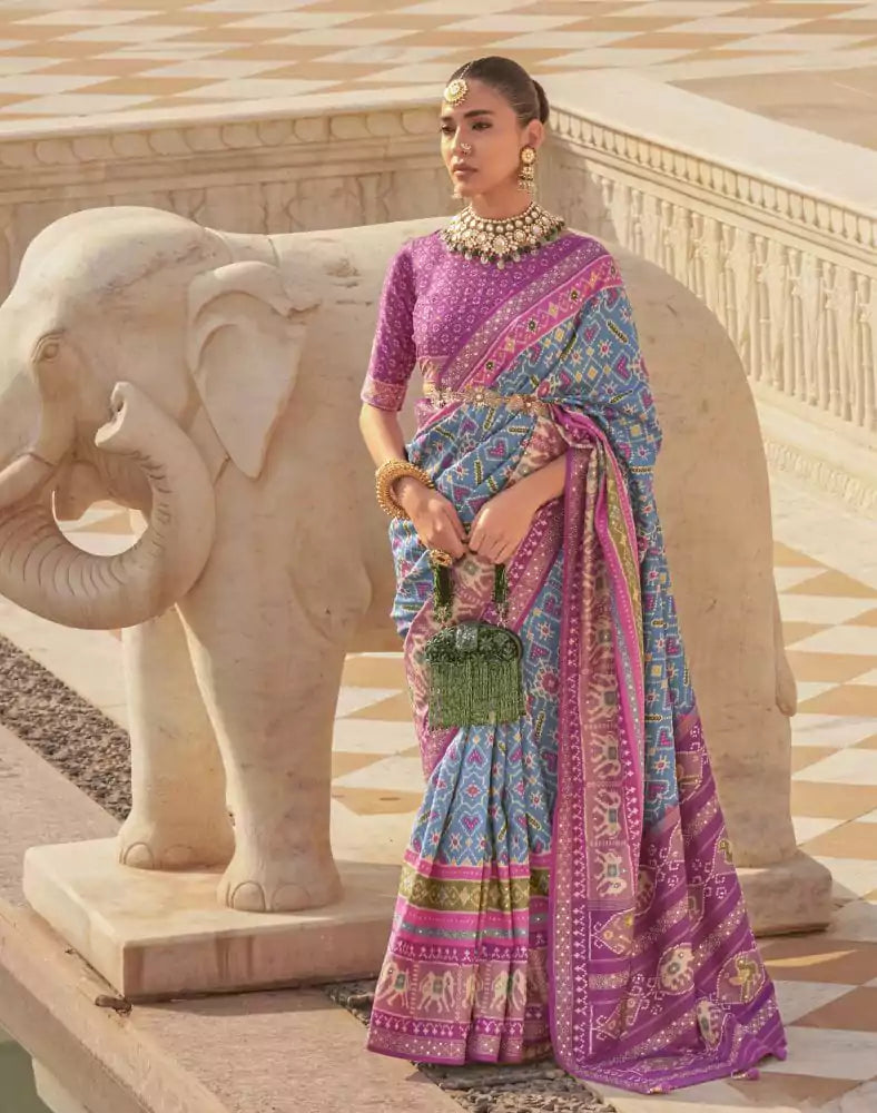 Sky Blue Ikat Print Patola Saree