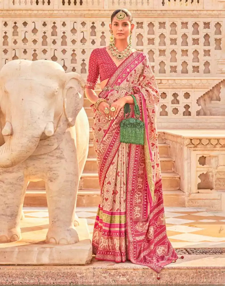 Beige Ikat Print Patola Saree