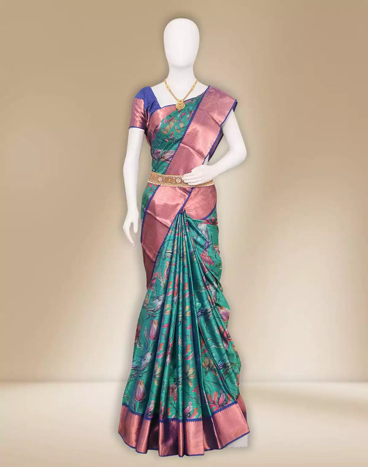 Green Kanchi Kalamkari Digital Print Saree with Copper Zari Border