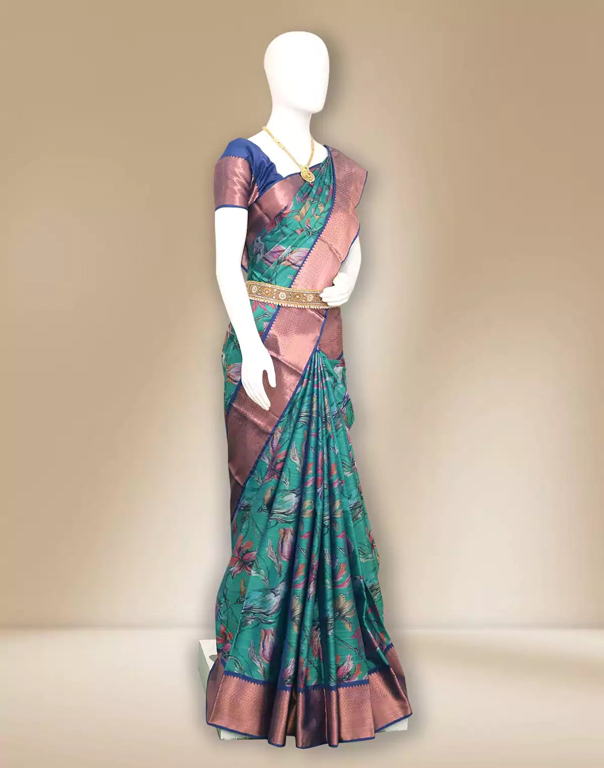 Green Kanchi Kalamkari Digital Print Saree with Copper Zari Border
