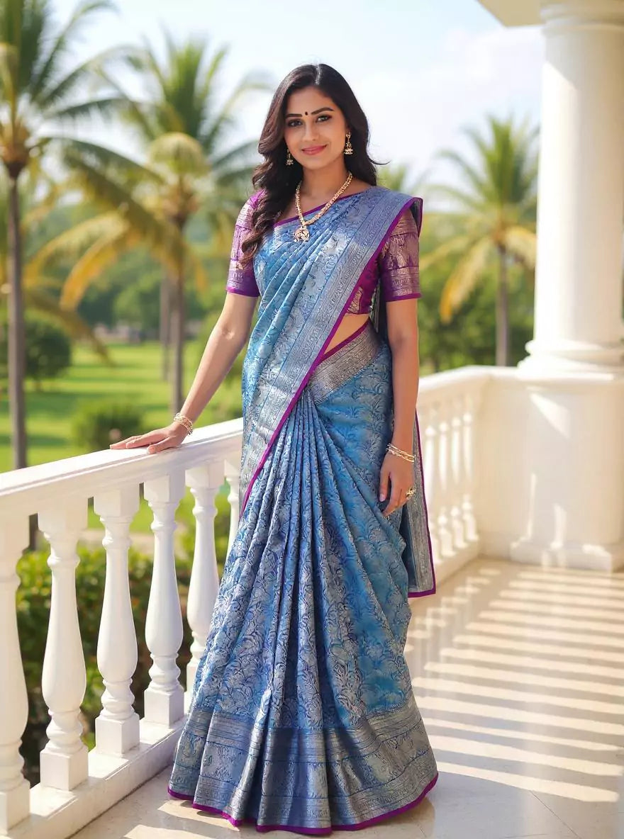 Silver Floral Zari Sky Blue Kanchi Pattu Silk Saree