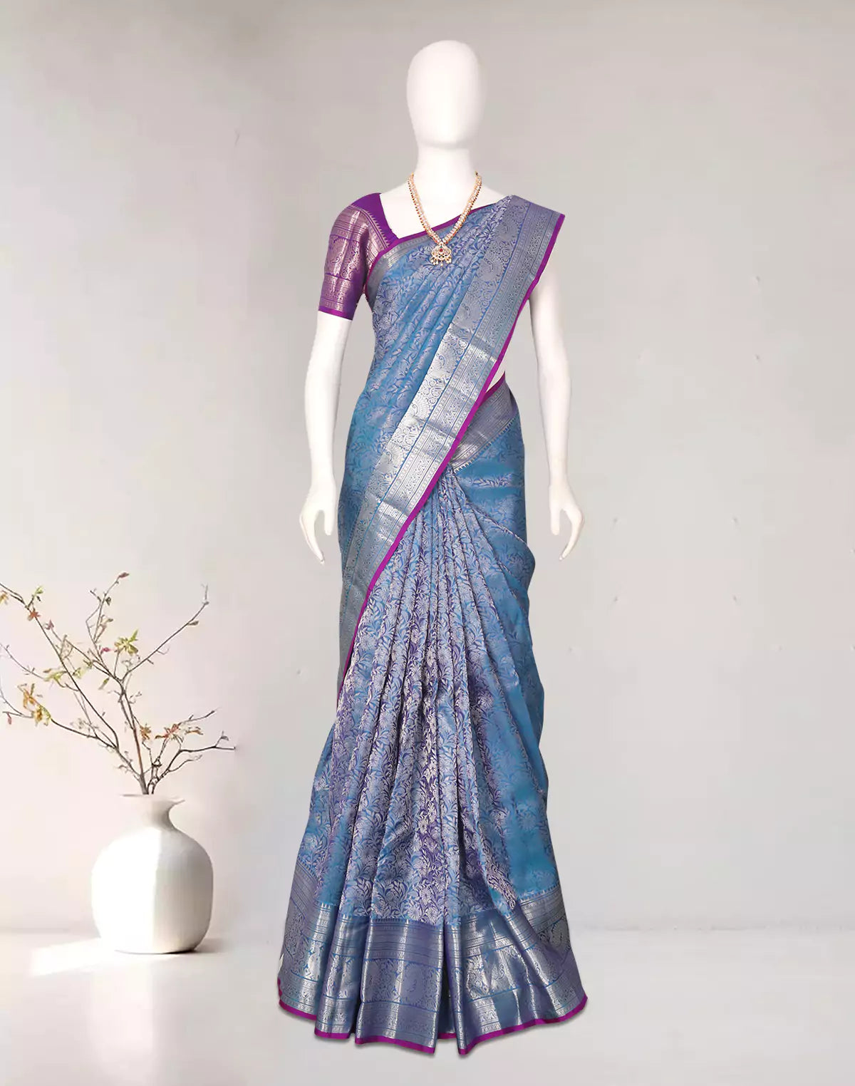 Silver Floral Zari Sky Blue Kanchi Pattu Silk Saree