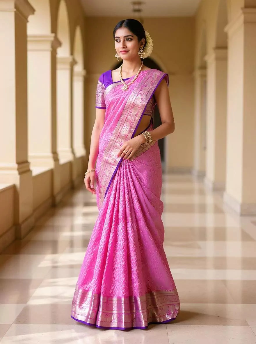 Light Pink Paisely Pattern Silver Zari Contrast Border Kanchi Pattu Saree