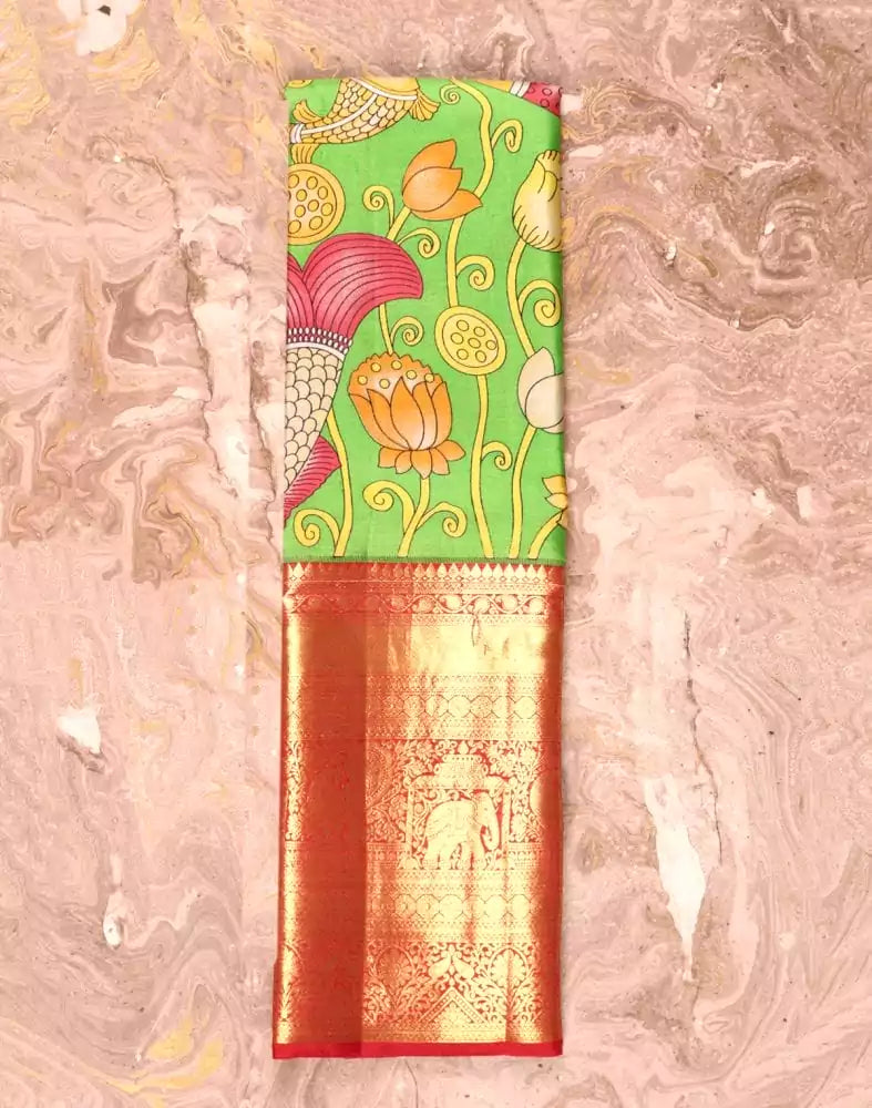 Parrot Green Pure Pen Kalamkari Print Silk Saree