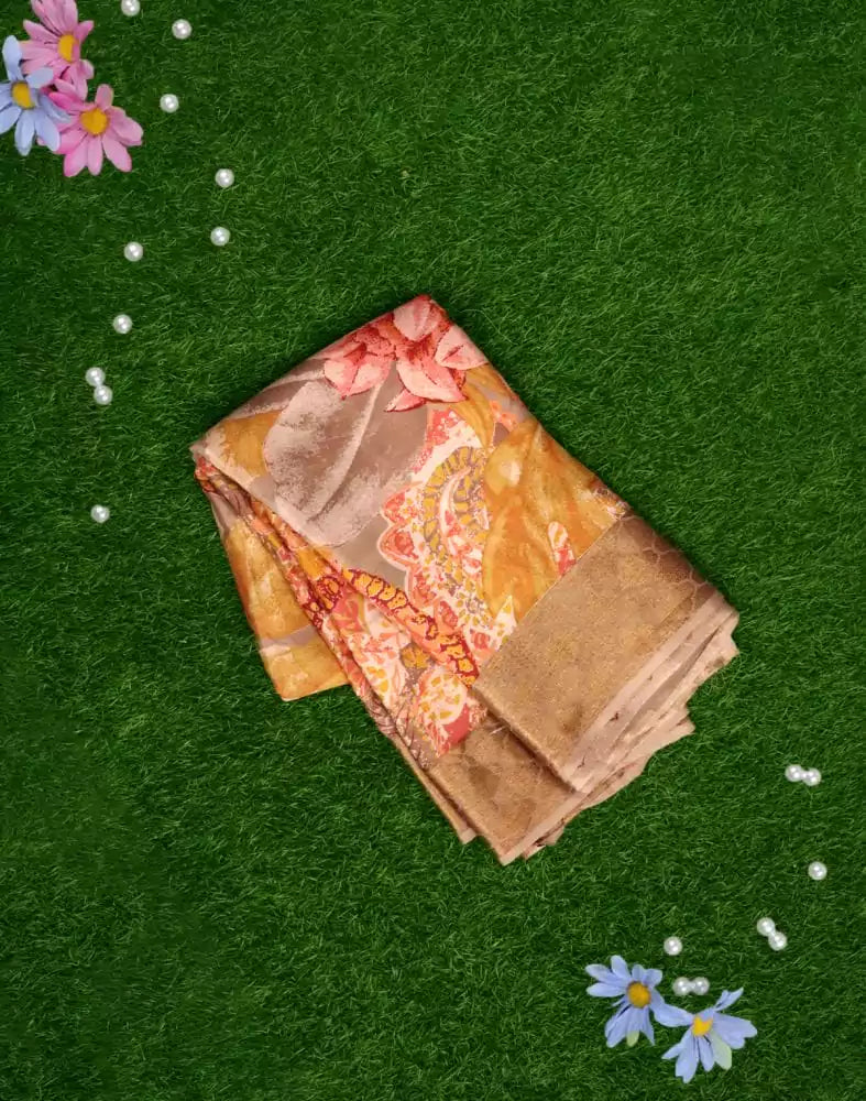 Beige Floral Pure Italian Crape Digital Print Saree