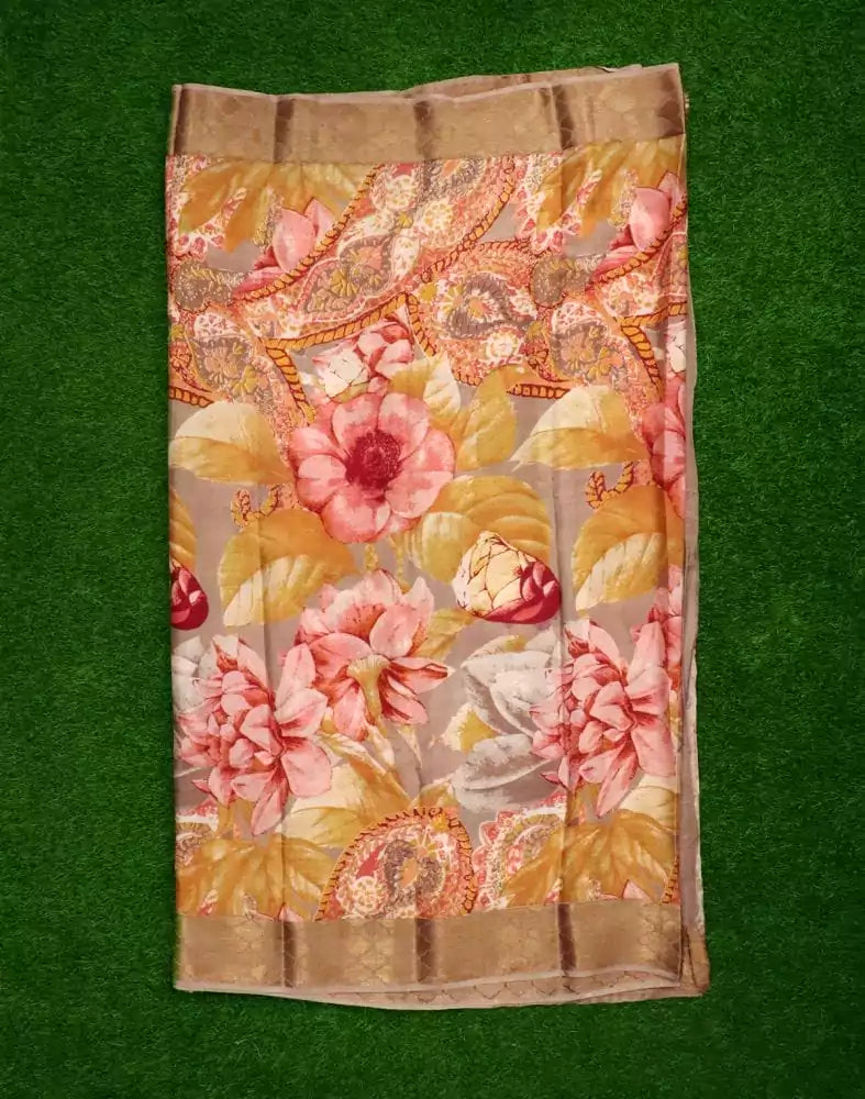 Beige Floral Pure Italian Crape Digital Print Saree