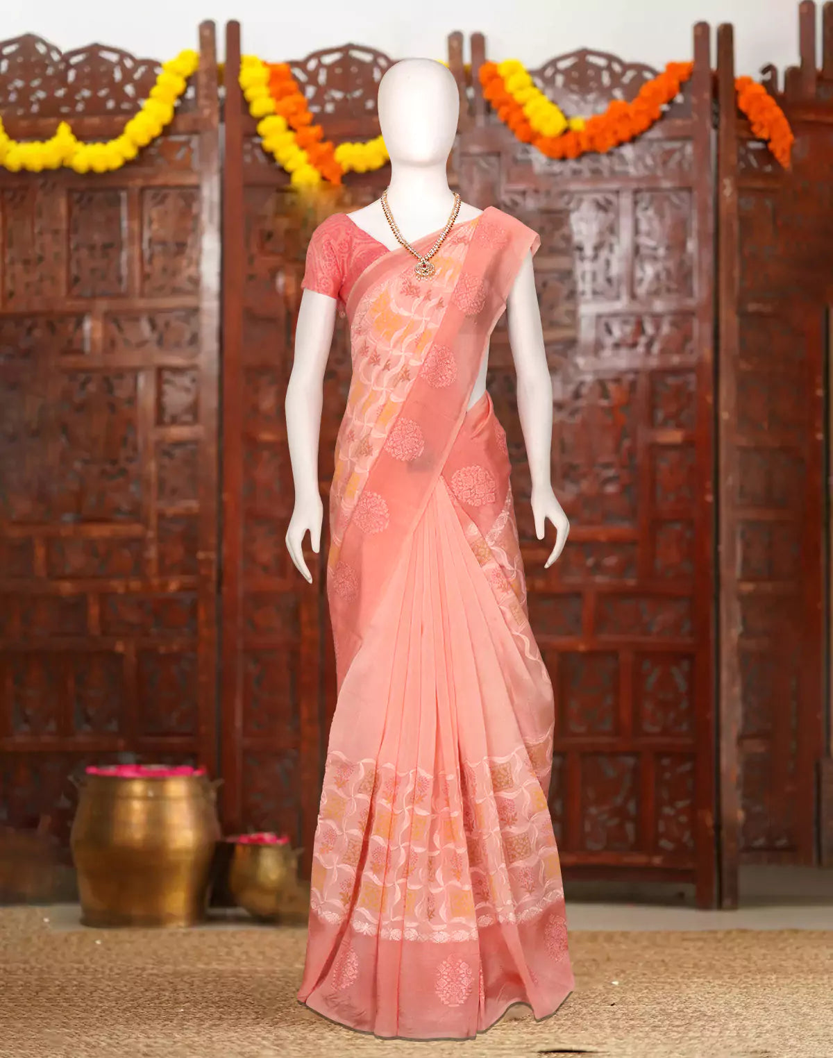 Peach Floral Hand Print Tussar Jute Saree