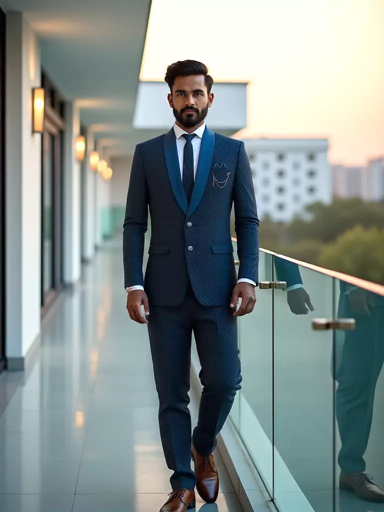 Navy Blue Self Design Polynosic Thread work 5 Pc Suit