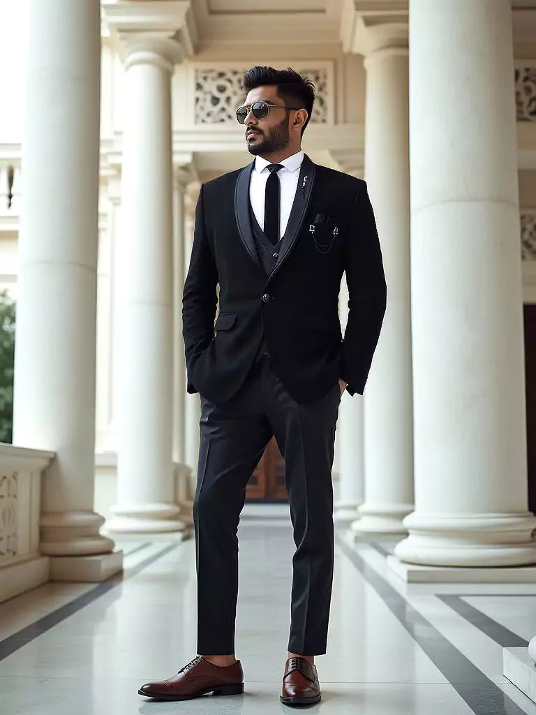 Black Polynosic Solid Suit with Unstitched Satin Trouser