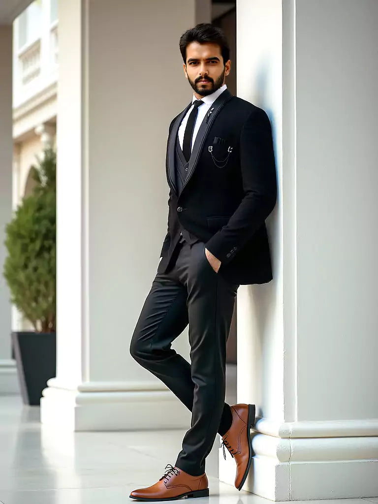 Black Polynosic Solid Suit with Unstitched Satin Trouser