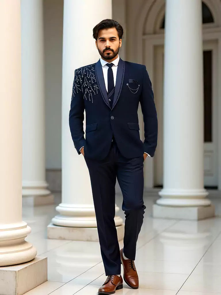 Navy Blue Polynosic Cutdana with Stone work 5 Pc Tuxido Designer Suit