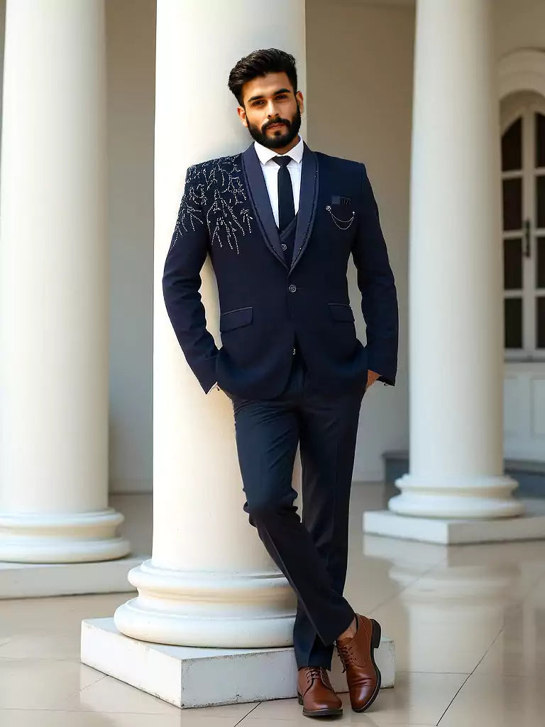 Navy Blue Polynosic Cutdana with Stone work 5 Pc Tuxido Designer Suit