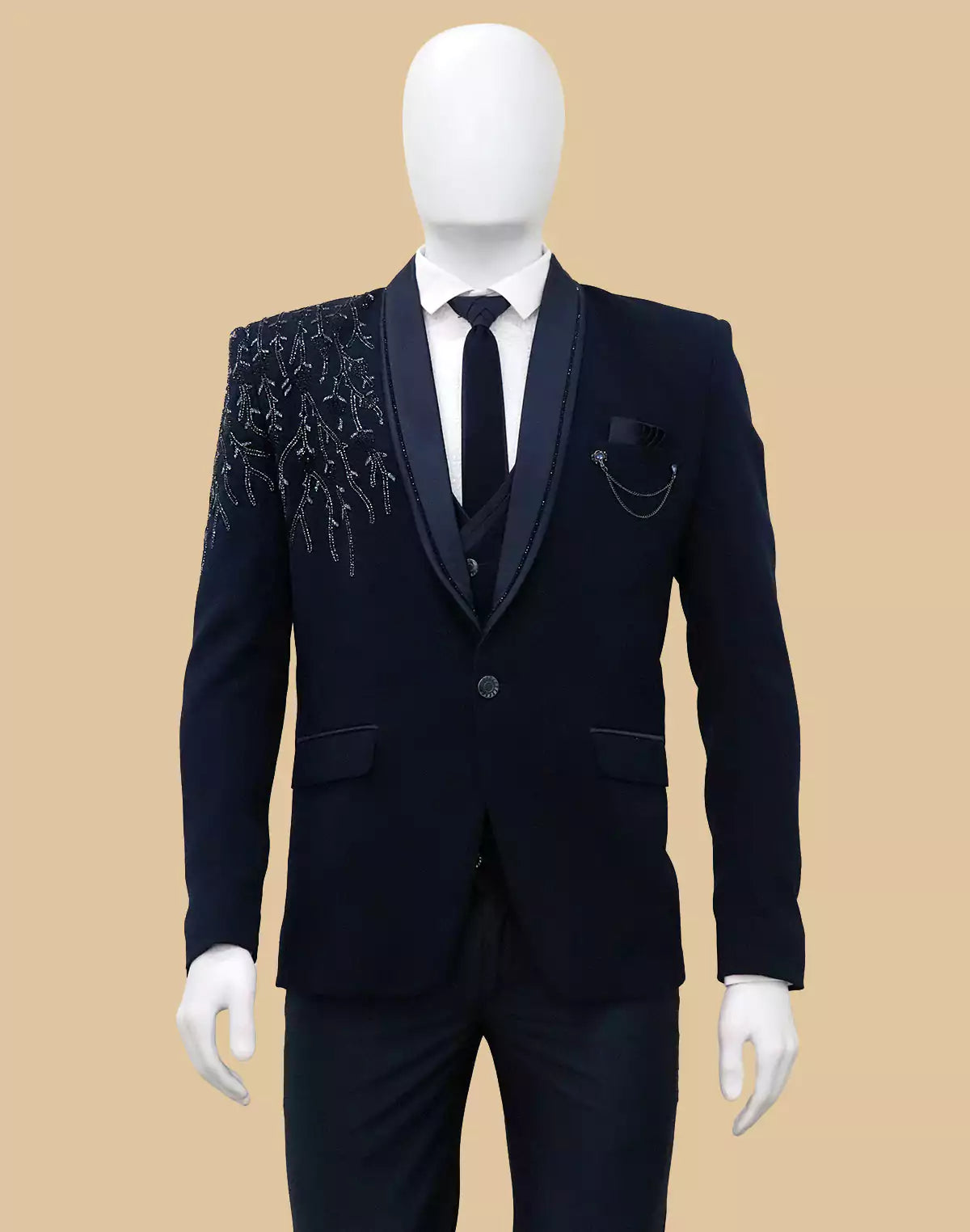 Navy Blue Polynosic Cutdana with Stone work 5 Pc Tuxido Designer Suit