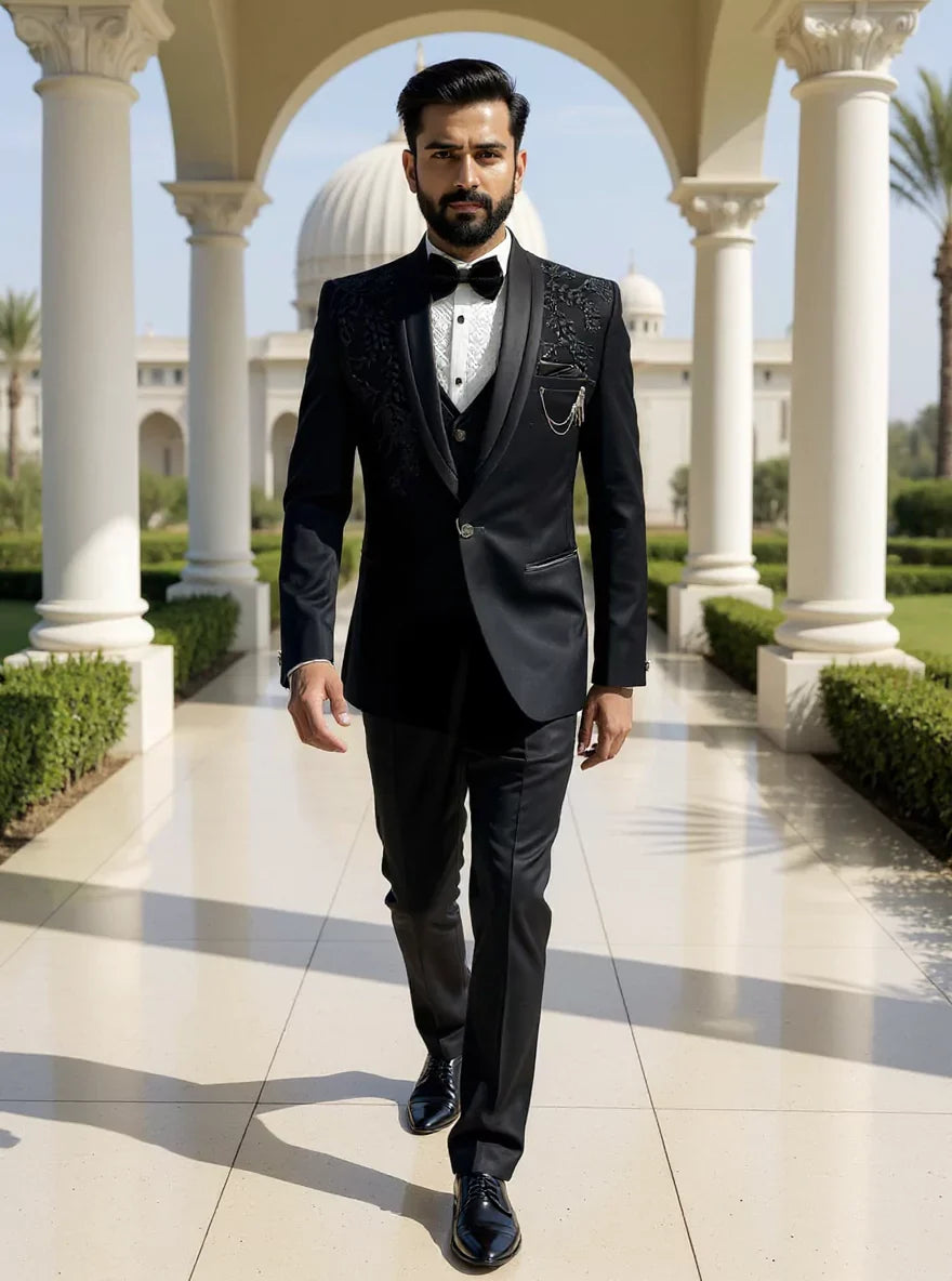 Black Polynosic Elegant Cutdana work 5 Pc Designer Suit